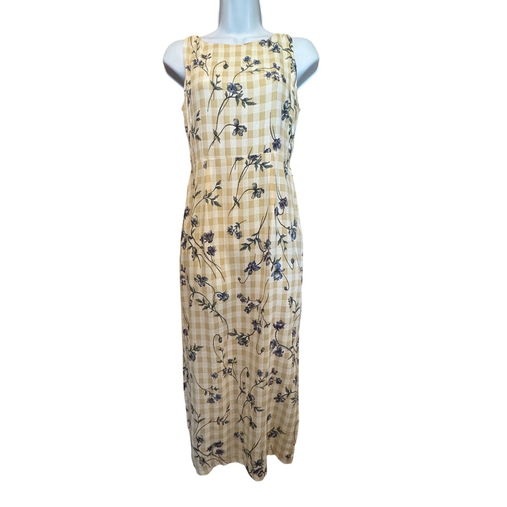 Vintage 90s Gingham Floral Maxi Dress 3/4 S Practical Magic Cottagecore Y2K USA